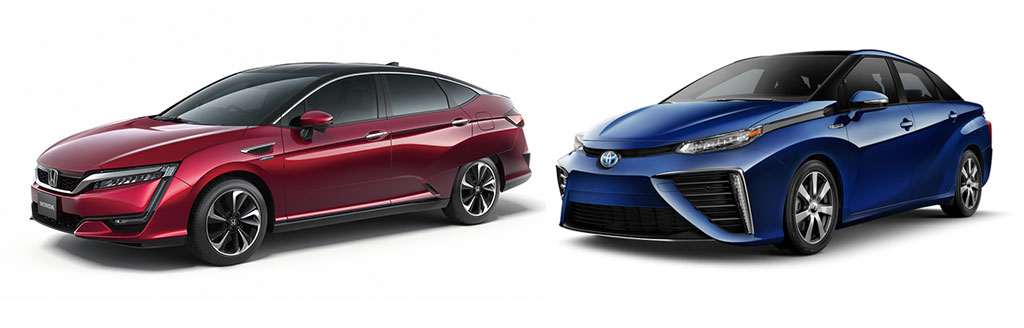 Honda Clarity FCV и Toyota Mirai FCV Вид водородных Honda Clarity FCV и Toyota Mirai FCV