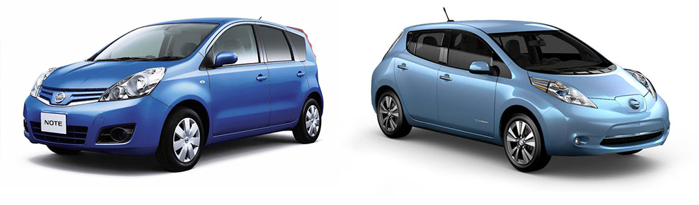 Бензиновый Nissan Note и электрический Nissan Leaf Электрический Nissan Leaf и бензиновый Nissan Note