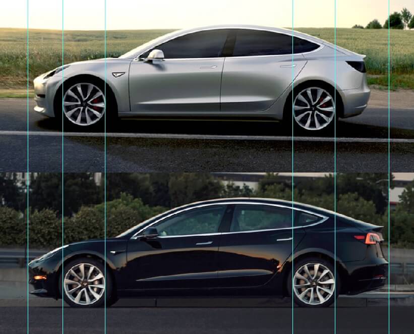 Примерное сравнение длинны прототипа pre-alpha и серийной модели Tesla Model 3 Примерное сравнение длинны прототипа pre-alpha и серийной модели Tesla Model 3