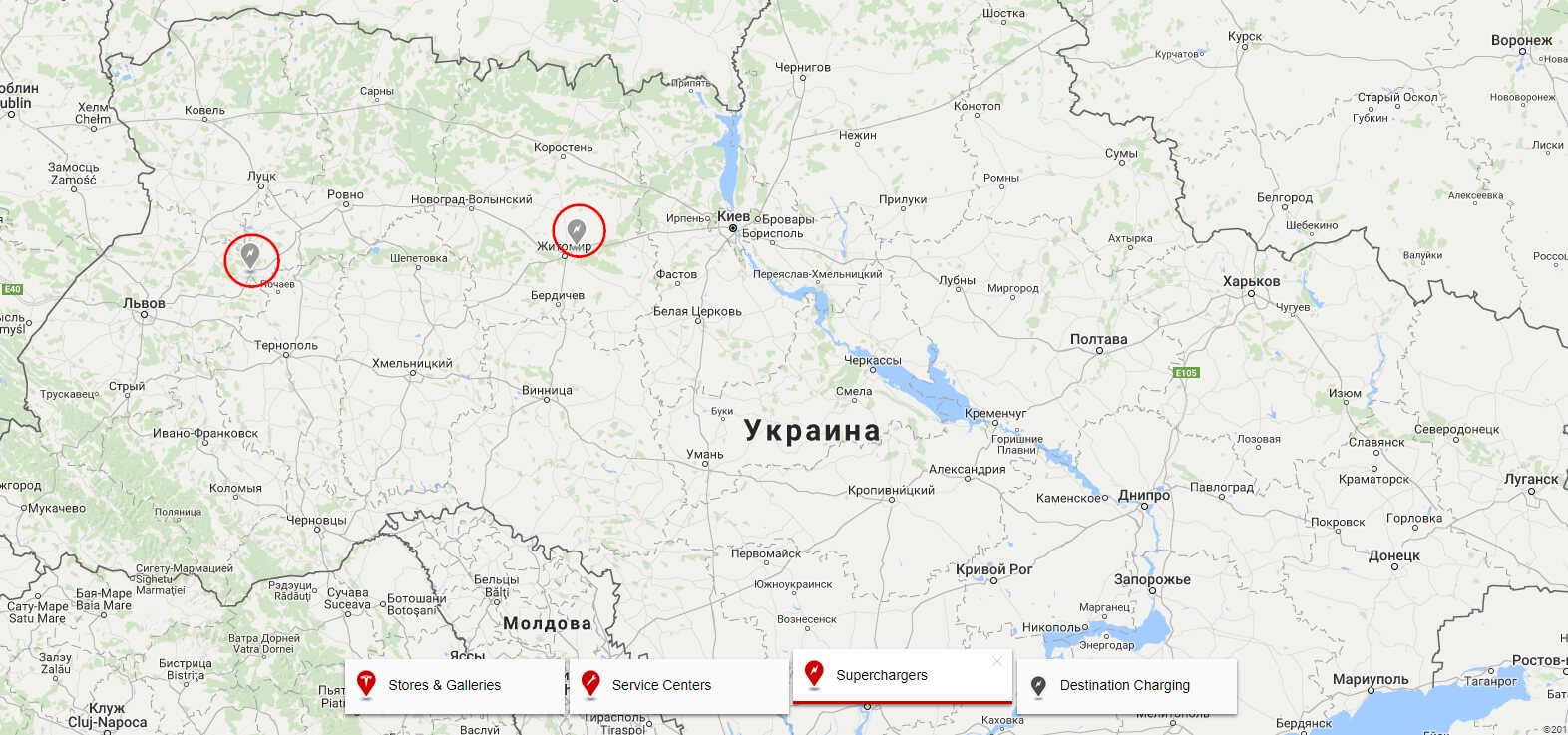 Карта будущих зарядных станций Tesla Supercharger в Украине Карта будущих зарядных станций Tesla Supercharger в Украине