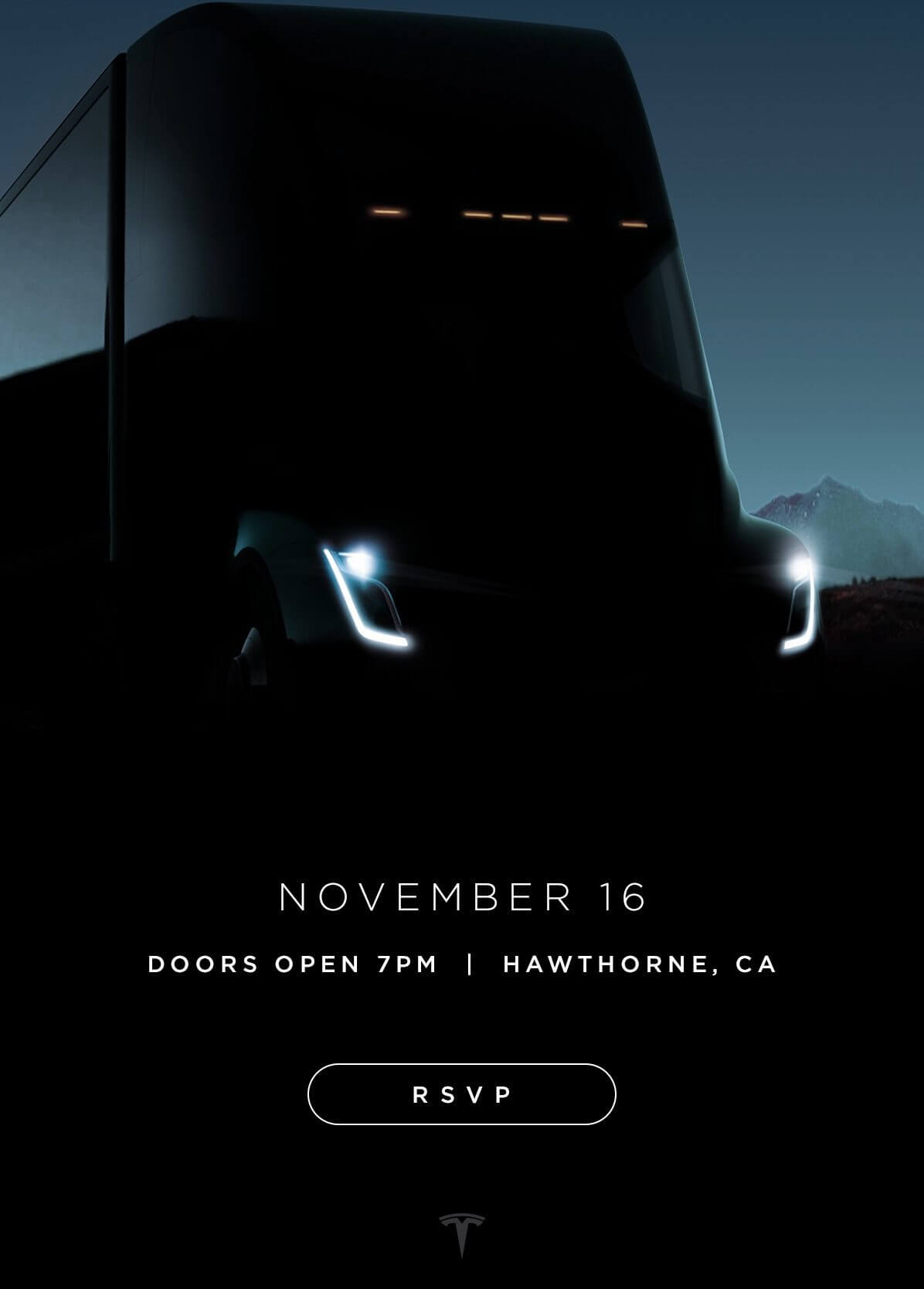 Скриншот приглашения Tesla на официальную презентацию Tesla Semi Скриншот приглашения Tesla на официальную презентацию Tesla Semi