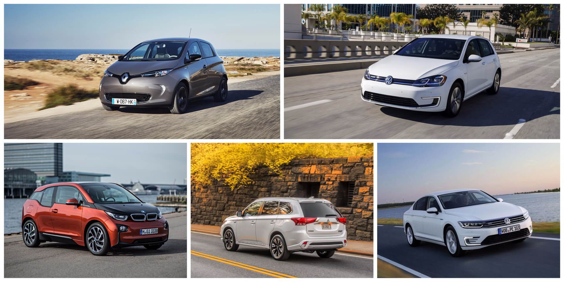 № 1 — Renault Zoe | № 2 — VW e-Golf | № 3 — BMW i3 | № 4 — Mitsubishi Outlander PHEV | № 5 — VW Passat GTE № 1 — Renault Zoe | № 2 — VW e-Golf | № 3 — BMW i3 | № 4 — Mitsubishi Outlander PHEV | № 5 — VW Passat GTE