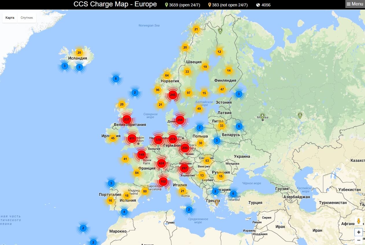 Карта зарядных станций сервиса CCS/Combo Charge Map - Europe Карта зарядных станций сервиса CCS/Combo Charge Map - Europe