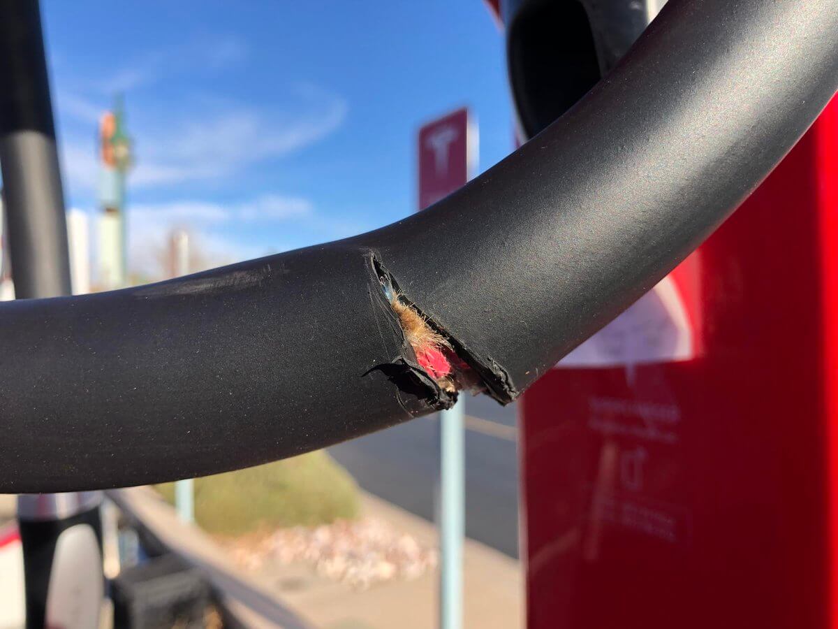 Порезанный зарядный кабель на станции Tesla Supercharger Порезанный зарядный кабель на станции Tesla Supercharger