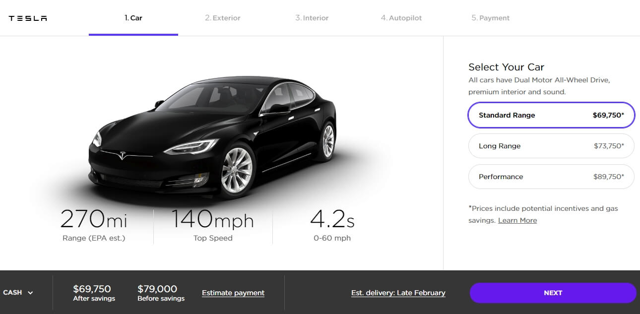 Model S «Standard Range» в конфигураторе Tesla Model S «Standard Range» в конфигураторе Tesla