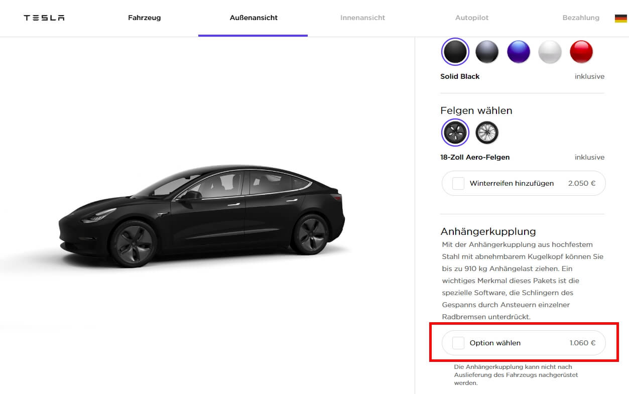 Фаркоп для Model 3 в онлайн-конфигураторе Tesla в Германии Фаркоп для Model 3 в онлайн-конфигураторе Tesla в Германии