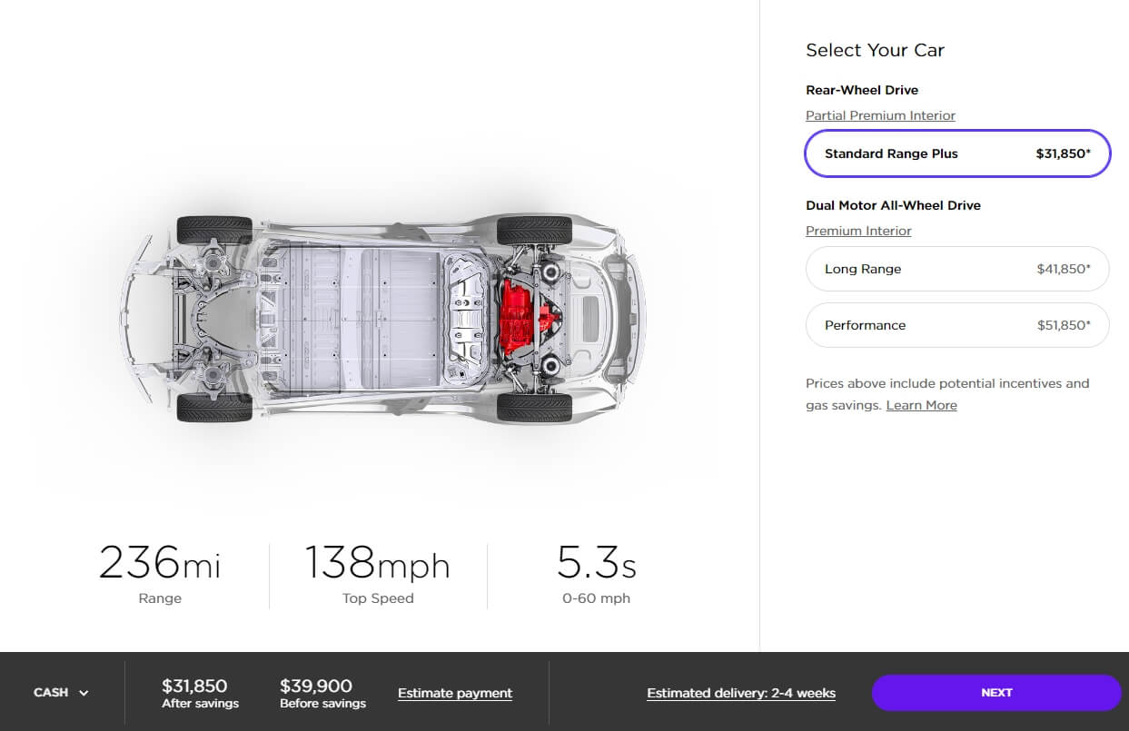 Tesla Model 3 Standard Plus в конфигураторе Tesla Model 3 Standard Plus в конфигураторе