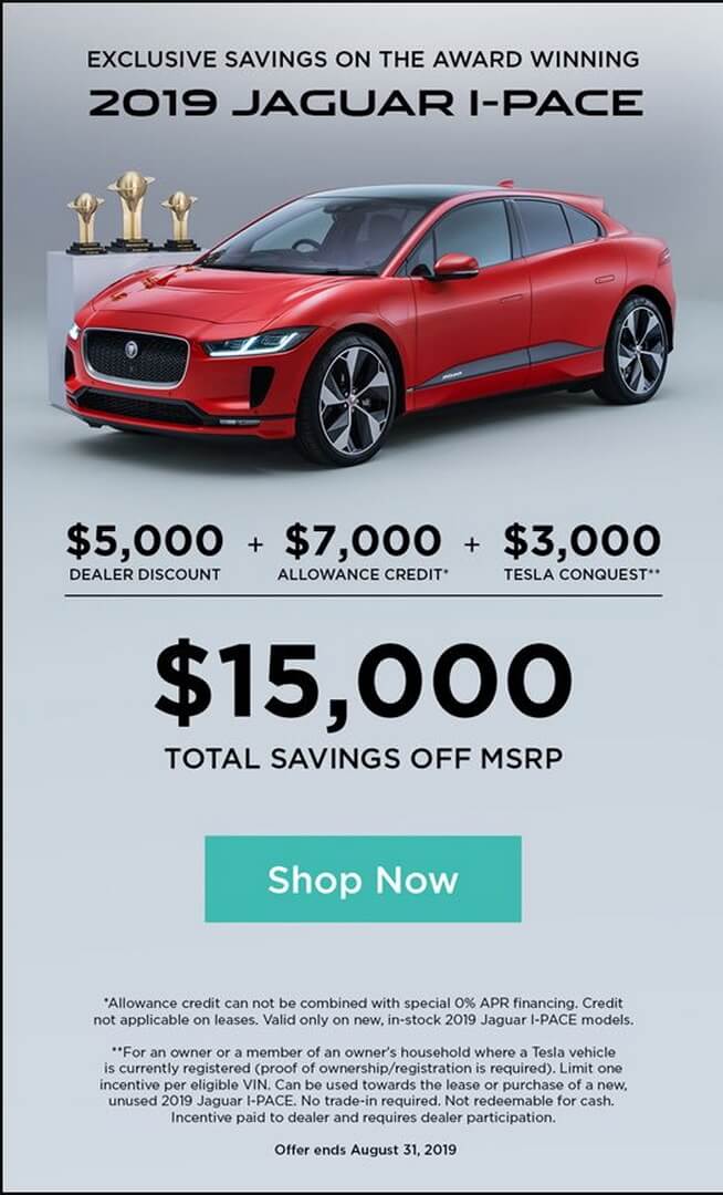 Владельцам Tesla в США Jaguar предлагает скидку в $3000 на покупку I-Pace Владельцам Tesla в США Jaguar предлагает скидку в $3000 на покупку I-Pace