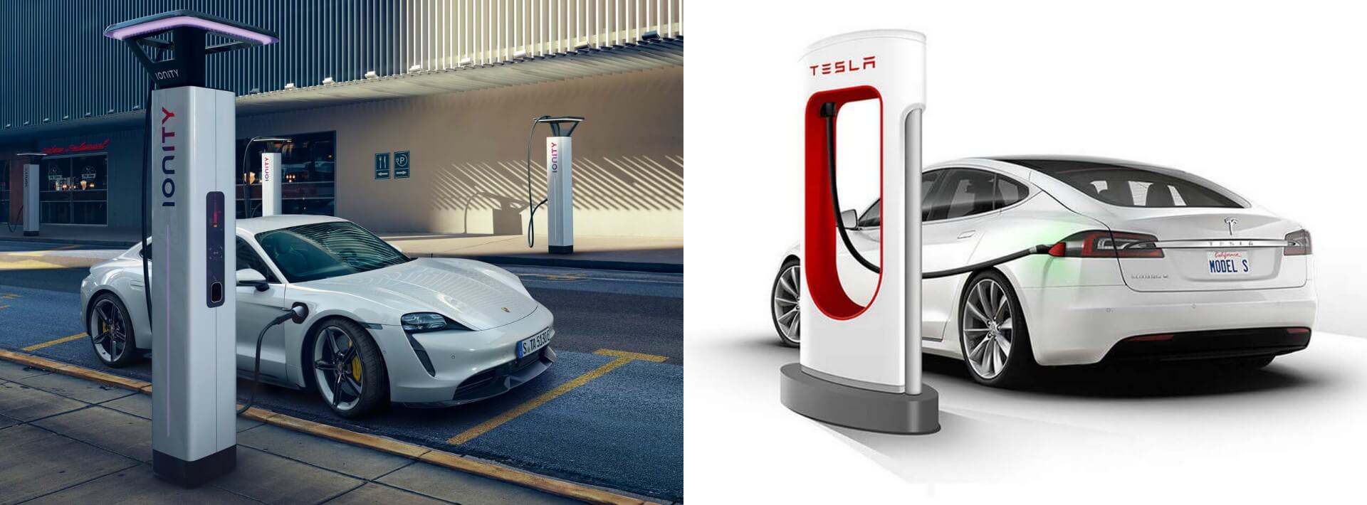 Porsche Taycan заряжается на европейской зарядной станции Ionity и Tesla Model S на станции Supercharger Porsche Taycan заряжается на европейской зарядной станции Ionity и Tesla Model S на станции Supercharger