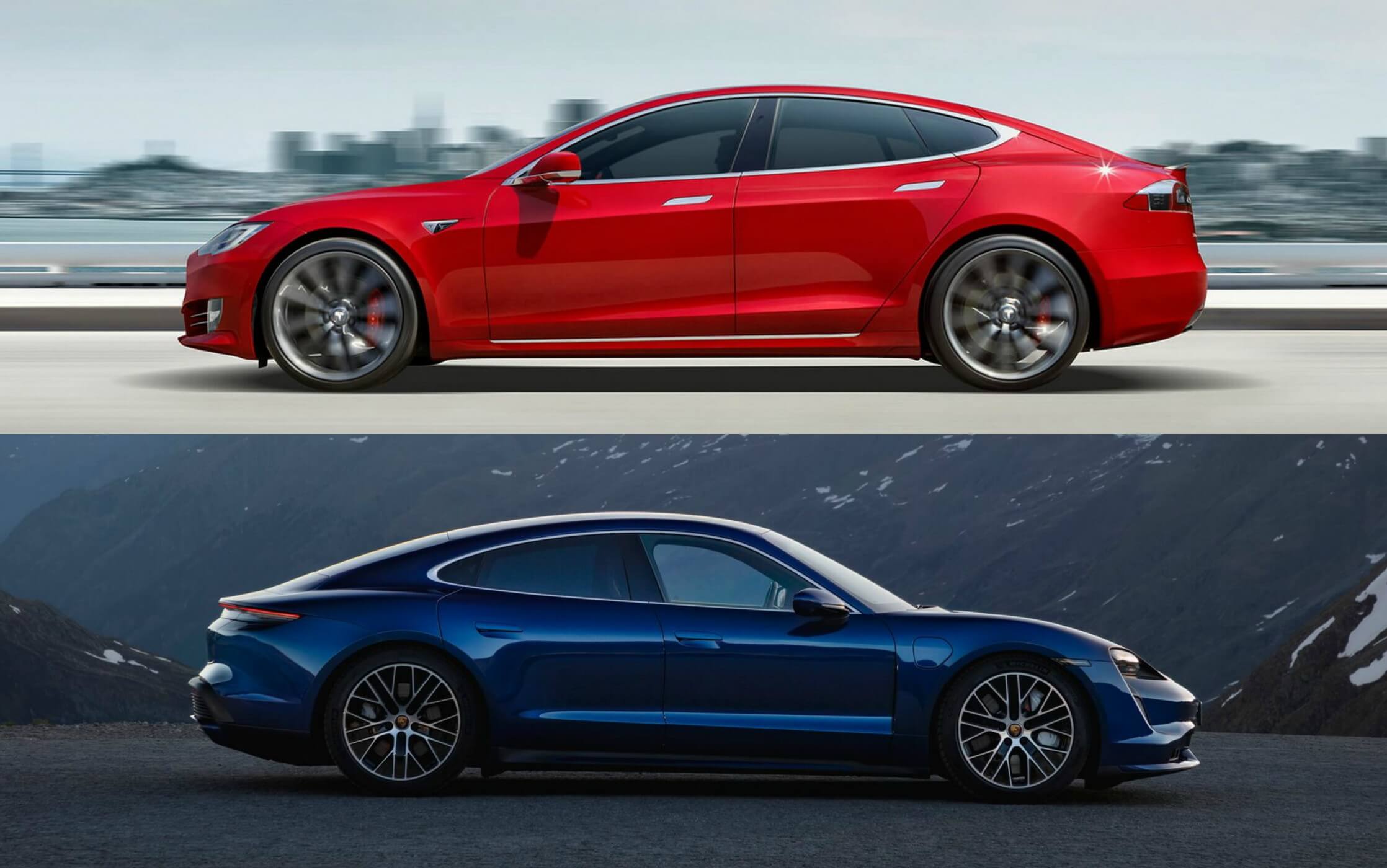 Tesla Model S (сверху) против Porsche Taycan Tesla Model S (сверху) против Porsche Taycan